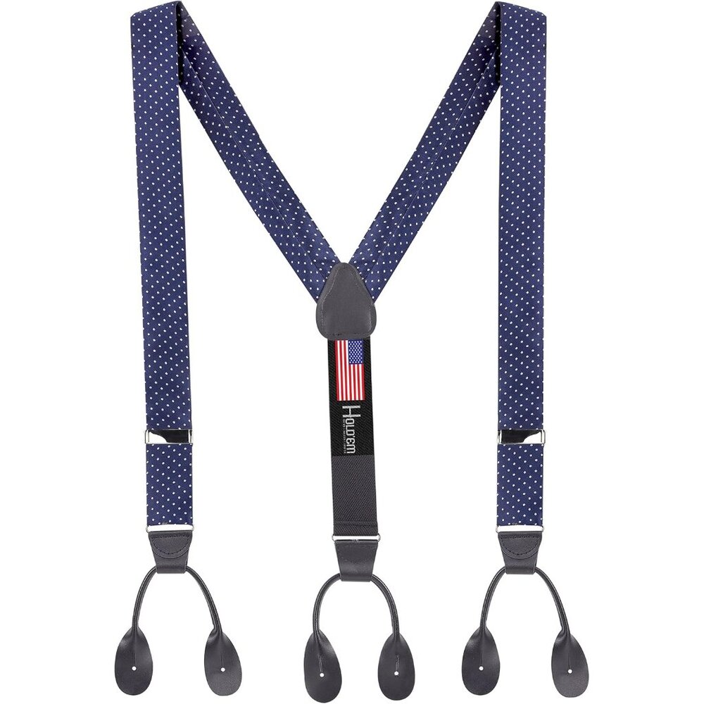 HOLD'EM 100% Silk Suspenders For Men Y-Back Button End – Navy Pin Dot